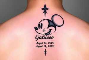 mickey mouse symbol with the name Galileo and the date August 14,2020, incorporated tattoo idea
