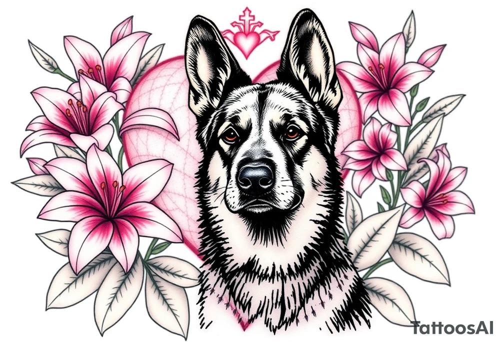 short haired german shepherd with alert ears surrounded by pink lilies with large leaves in front of a sacred heart tattoo idea