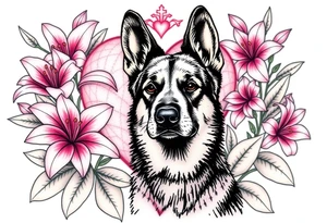 short haired german shepherd with alert ears surrounded by pink lilies with large leaves in front of a sacred heart tattoo idea