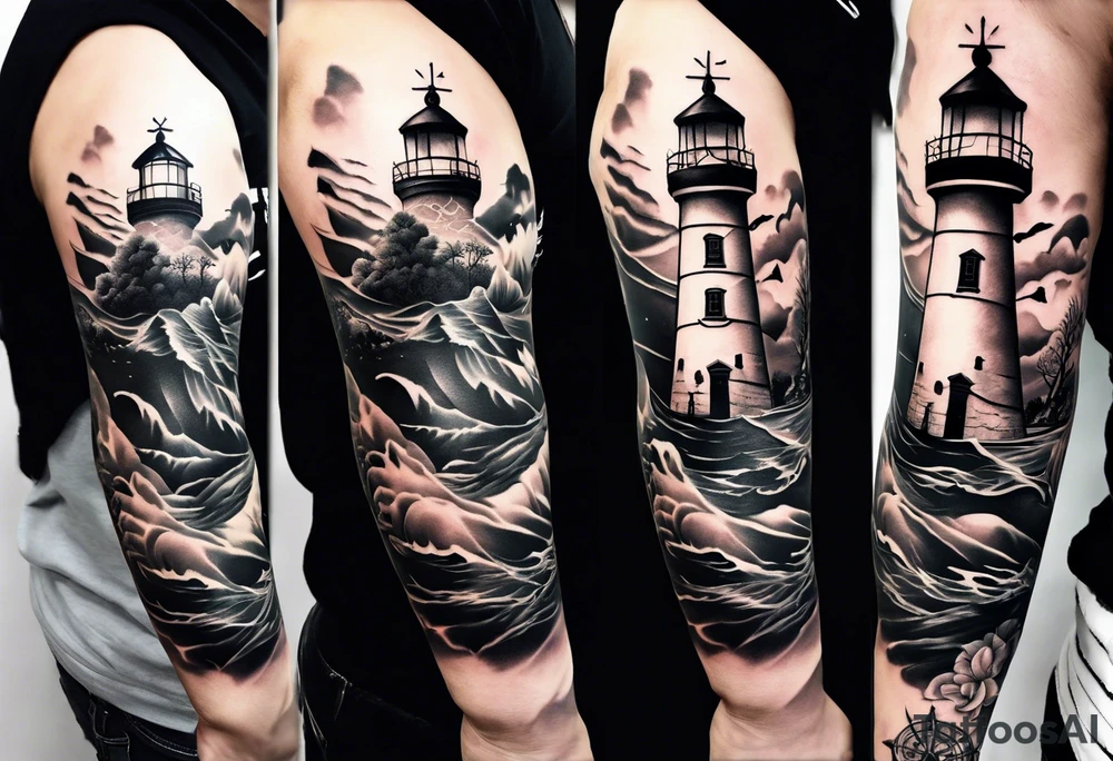 full sleeve tattoo with compass, lighthouse, bermuda triangle, crown and anchor dice, lightning in background tattoo idea