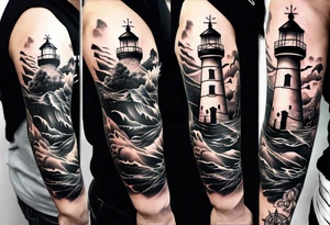full sleeve tattoo with compass, lighthouse, bermuda triangle, crown and anchor dice, lightning in background tattoo idea