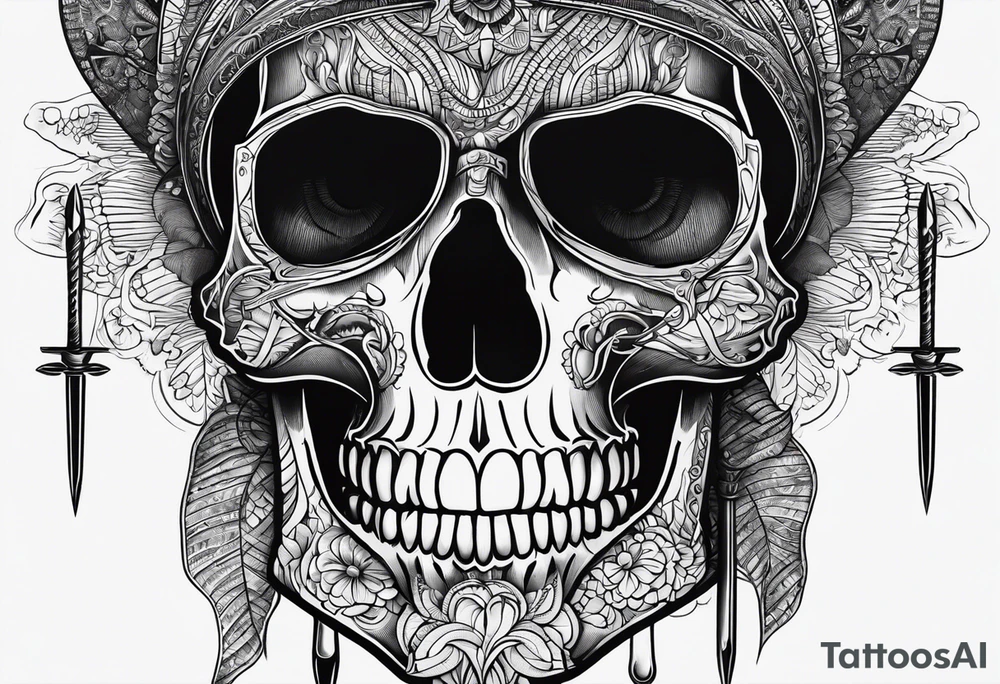 Black line skull with knitting needles stabbing through the eye sockets tattoo idea