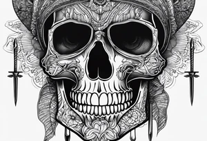 Black line skull with knitting needles stabbing through the eye sockets tattoo idea