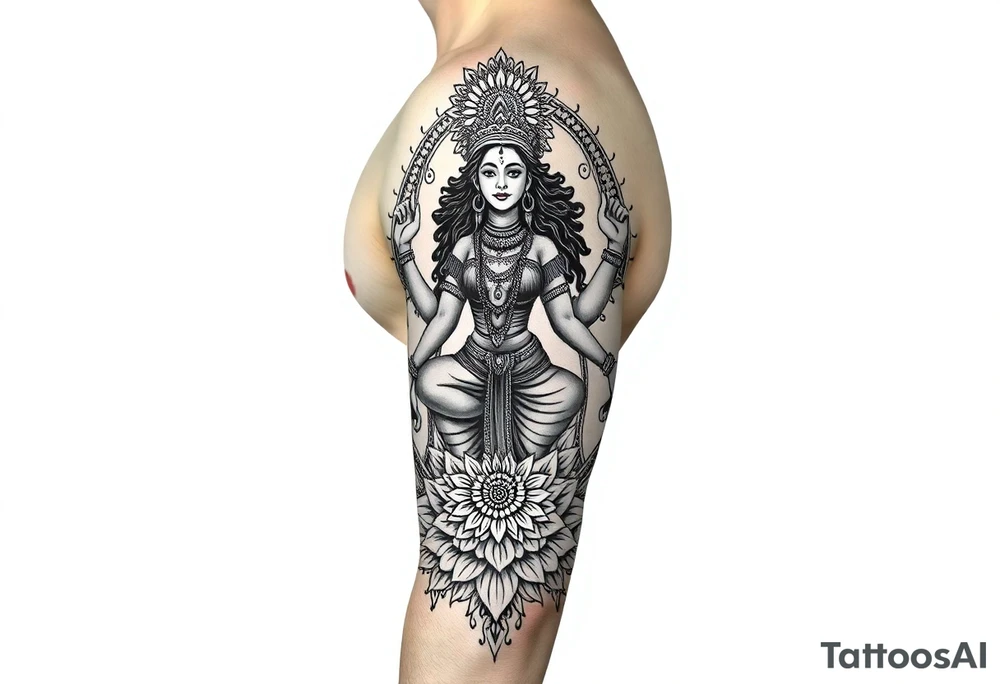 Durga goddess full body 
Surrounded by lotus chakra and mandala tattoo idea