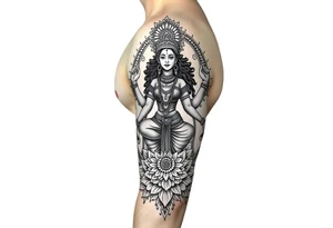 Durga goddess full body 
Surrounded by lotus chakra and mandala tattoo idea