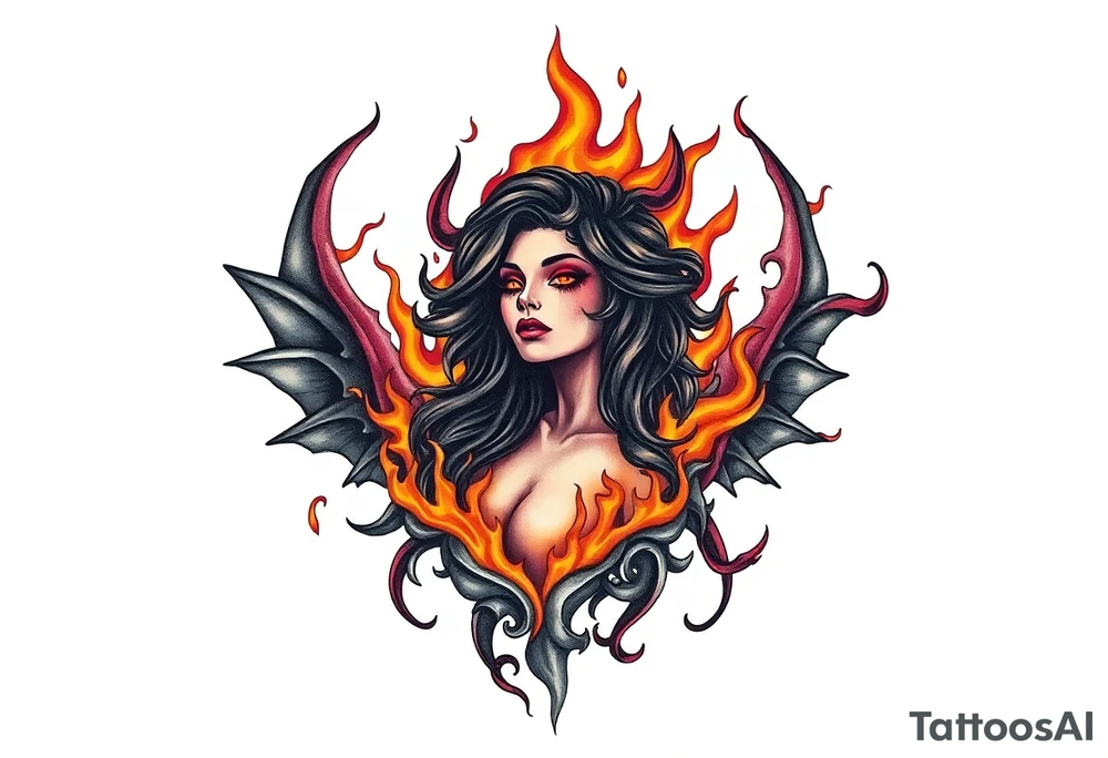 Evil young woman in the flame tattoo idea