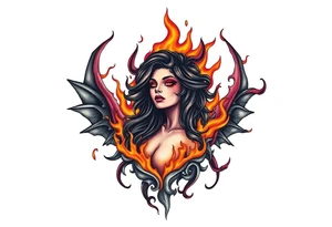 Evil young woman in the flame tattoo idea