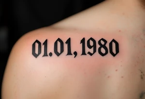 Masculine date 01.01.1980 in monospaced type with steel gray ink and thick lines. tattoo idea