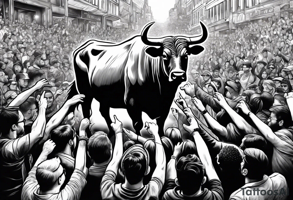 Large bull with horns busting through crowd of people tattoo idea