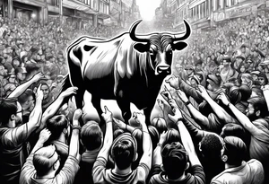 Large bull with horns busting through crowd of people tattoo idea