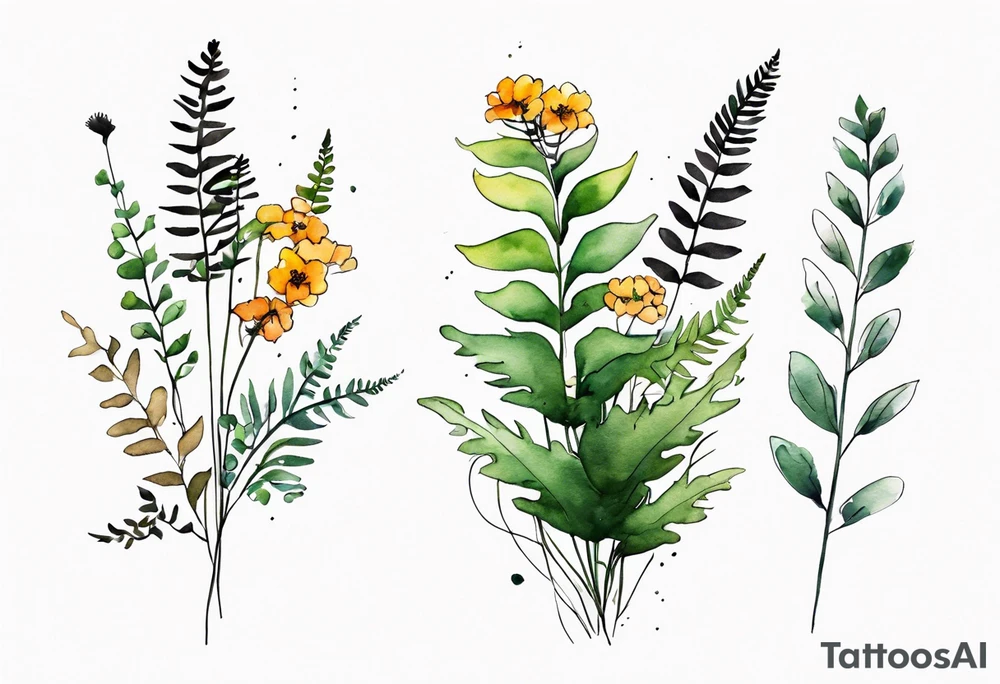 wild flowers long stems bouquet with ferns all watercolor tattoo idea