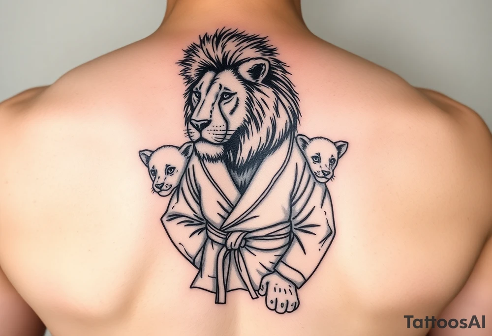 Lion in the Serengeti wearing a Brazilian jiu jitsu gi as a person would along side his two sons tattoo idea