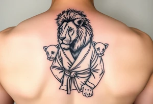 Lion in the Serengeti wearing a Brazilian jiu jitsu gi as a person would along side his two sons tattoo idea