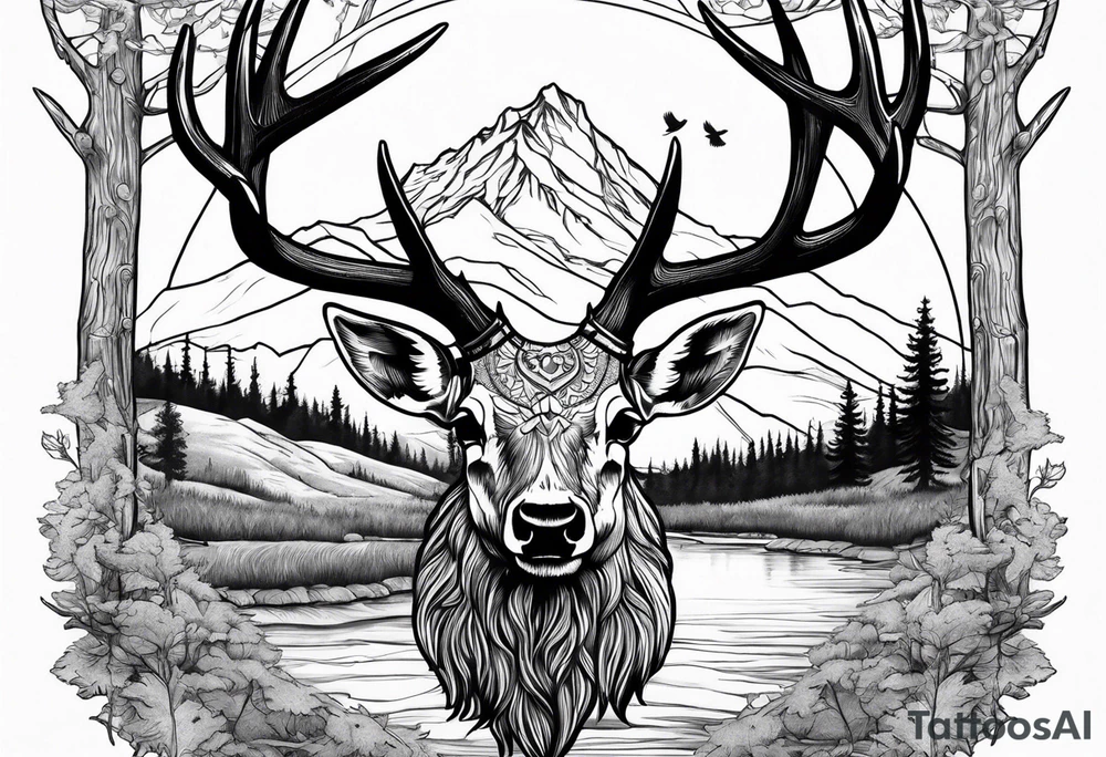 elk skull with mountains and trees
with a stream and birds overhead tattoo idea