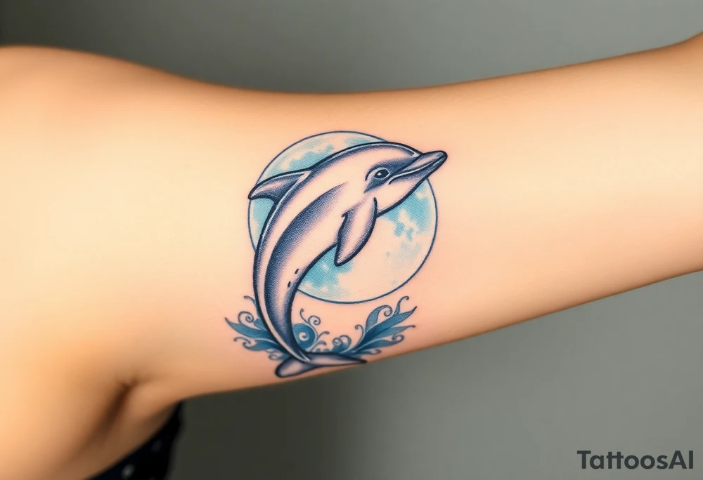 A dolphin emerging from a glowing full moon, with a deep navy-blue sky and soft silver highlights tattoo idea