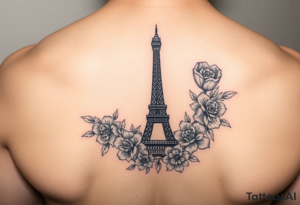 Beautiful Eiffel Tower wrapped in flowers tattoo idea