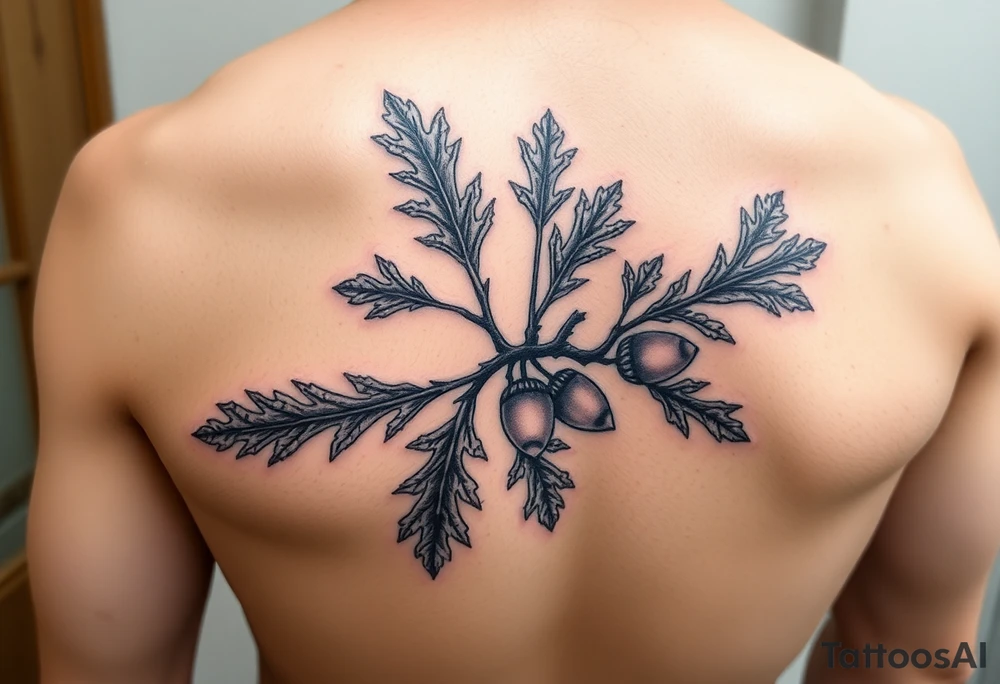 oak branch with thick leaves and acorns tattoo idea