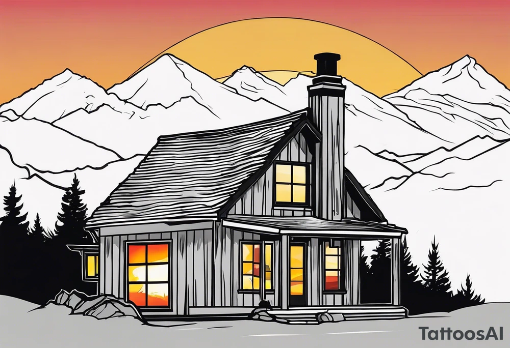 cabin chimney smoke says "Hutting Est. 2004" friends sunset tattoo idea
