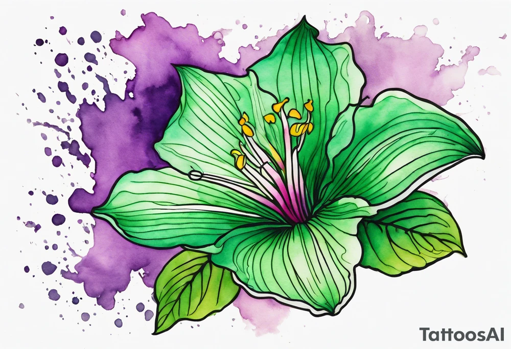 An outline of a green rio dipladenia flower and a green/purple watercolor streak in the background tattoo idea