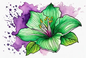 An outline of a green rio dipladenia flower and a green/purple watercolor streak in the background tattoo idea
