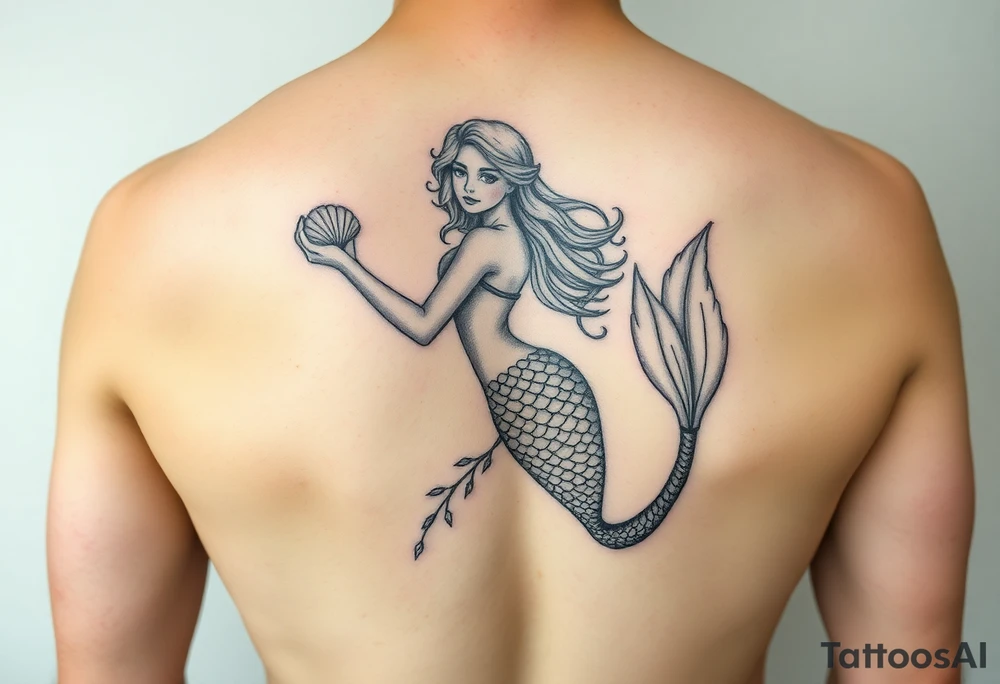Mermaid tattoo full body soft face light grainy holding a shell in hand tattoo idea
