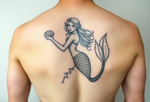 Mermaid tattoo full body soft face light grainy holding a shell in hand tattoo idea