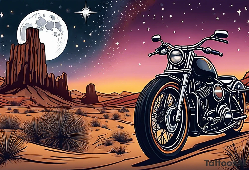 Guitar by a campfire with a desert landscape and motorcycle silhouette and a half moon and stars tattoo idea