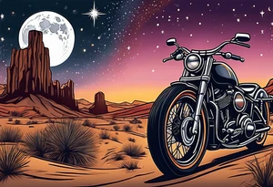 Guitar by a campfire with a desert landscape and motorcycle silhouette and a half moon and stars tattoo idea