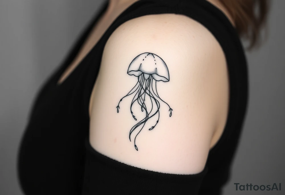 Fine line black and gray tattoo of an ethereal jellyfish representing self-love, freedom, and emotional depth. The jellyfish should have flowing, delicate tentacles that intertwine softly with thin organic branches or subtle leafy stems — no flowers, just abstract botanical lines that add a sense of growth and balance. The composition should feel light, graceful, and poetic, like movement underwater. Keep the lines elegant and harmonious, almost calligraphic. The design should look minimal yet expressive, with a serene, introspective aura tattoo idea