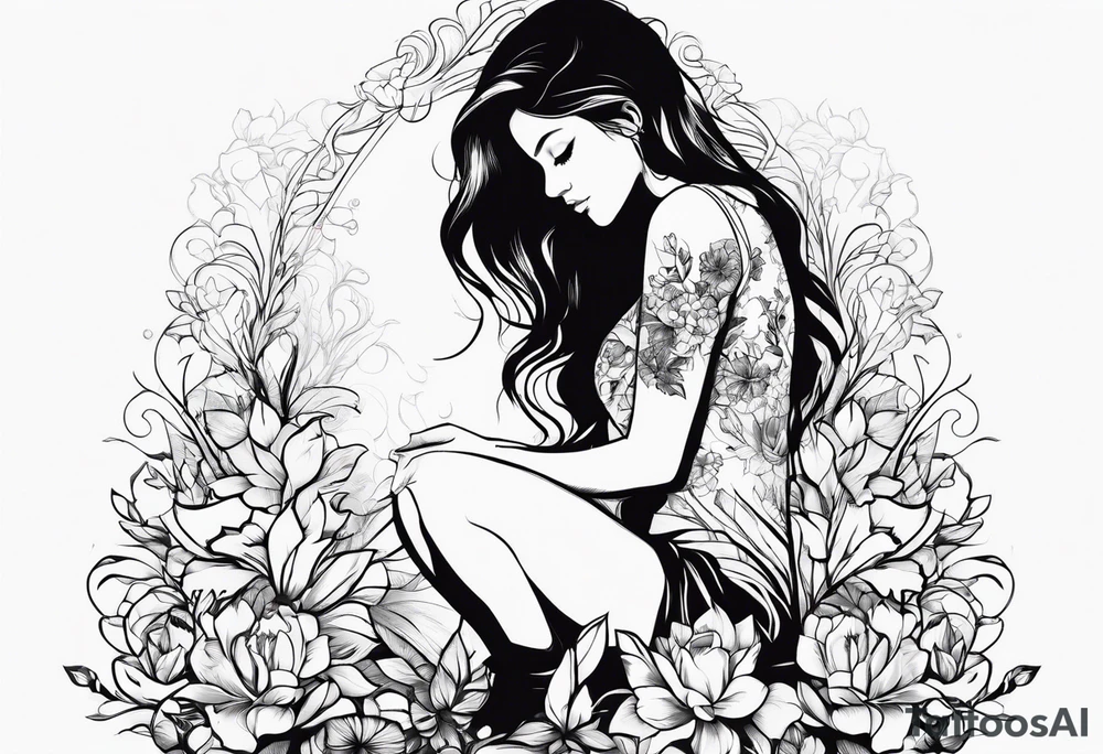 silhouette of a girl with a flower, kneeling tattoo idea