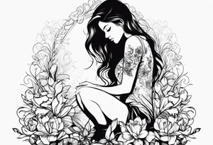 silhouette of a girl with a flower, kneeling tattoo idea