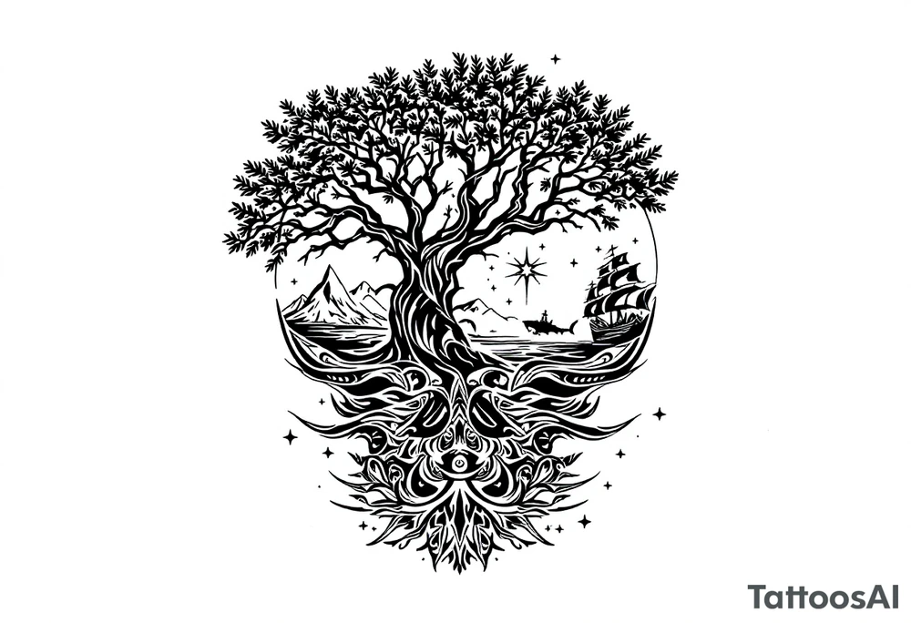 tattoo that has an acacia tree with mountains, ocean with a ship wreck with sharks and the bright northern star tattoo idea