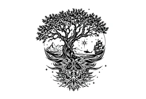 tattoo that has an acacia tree with mountains, ocean with a ship wreck with sharks and the bright northern star tattoo idea