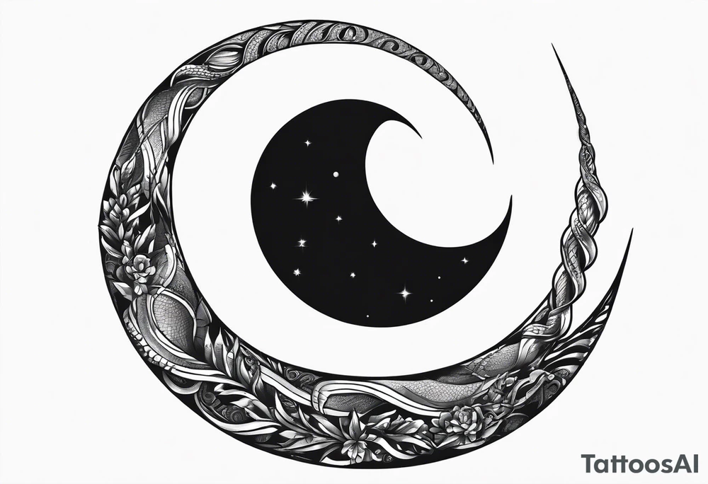 crescent moon has a snake wrapped around it from bottom up, small and simple tattoo idea