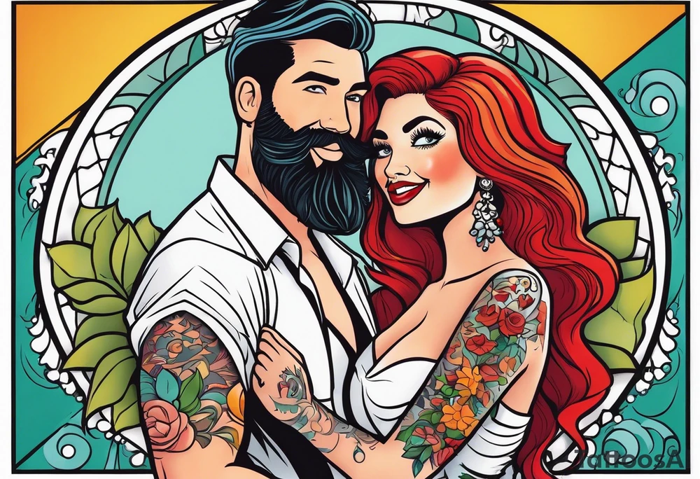 Busty red haired woman with a bearded man who has black hair getting married tattoo idea