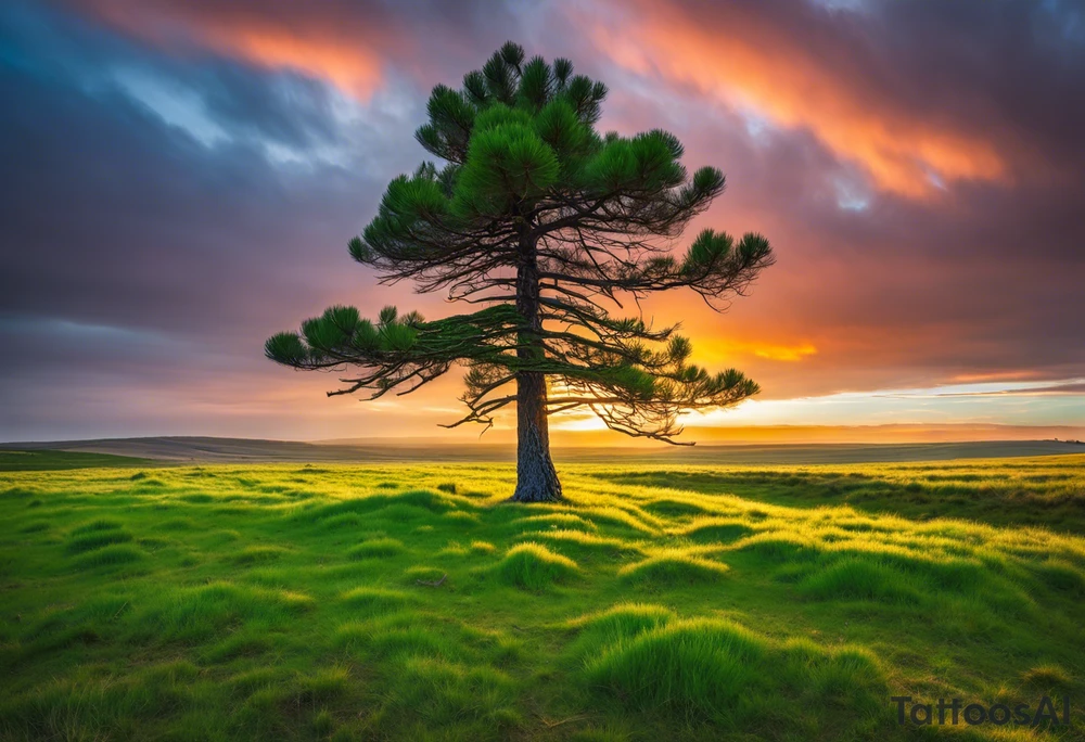 A solitary pine tree standing tall in an empty, open field, with vibrant green needles covering only one side of the tree. The other side is stark and bare, with branches exposed and no leaves. The scene is illuminated by soft, early morning light, creating a contrast between the lush side and the barren side of the tree. The empty field stretches out in all directions, emphasizing the unique appearance of the lone pine tree. --v 5 --ar 16:9 --q 2 tattoo idea