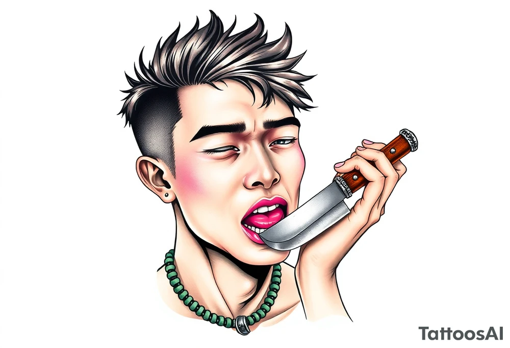Handsome Asian young guy is licking a ritual knife tattoo idea