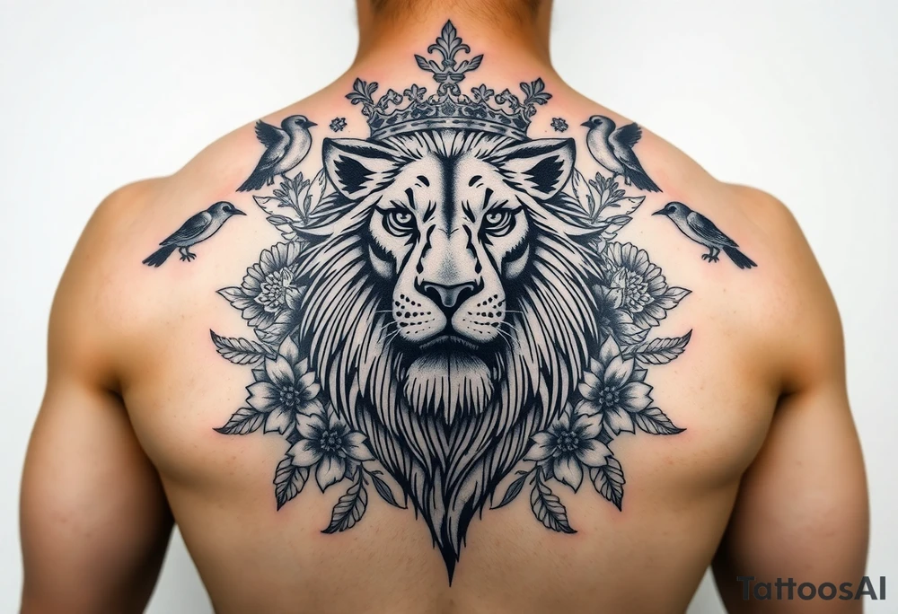 powerful majestic lion with a crown, surrounded by floral ornaments and birds tattoo idea