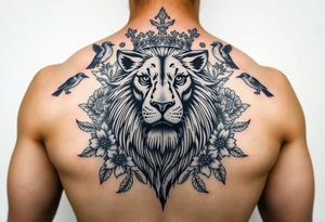 powerful majestic lion with a crown, surrounded by floral ornaments and birds tattoo idea