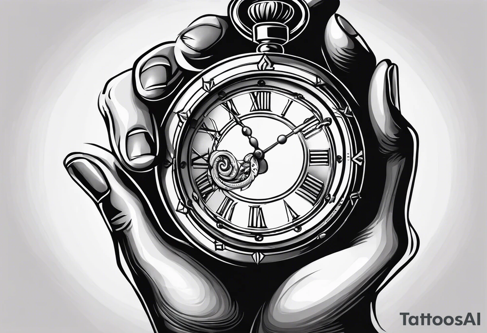 Left hand holding a clock that says God’s Timing tattoo idea