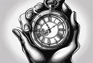 Left hand holding a clock that says God’s Timing tattoo idea