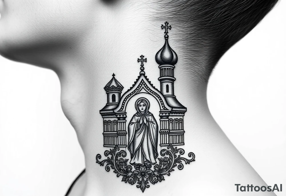 medium traditional russian orthodox church with russian coat arms and virgin mary on the side of your neck tattoo idea
