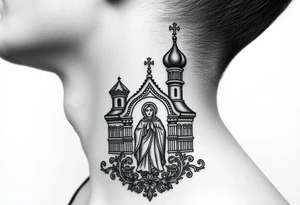 medium traditional russian orthodox church with russian coat arms and virgin mary on the side of your neck tattoo idea