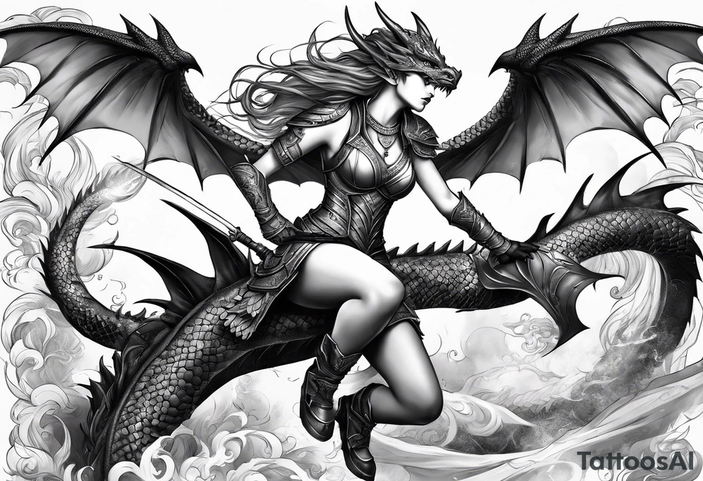 beautiful warrior woman wearing dragon armor and a dragon flying tattoo idea