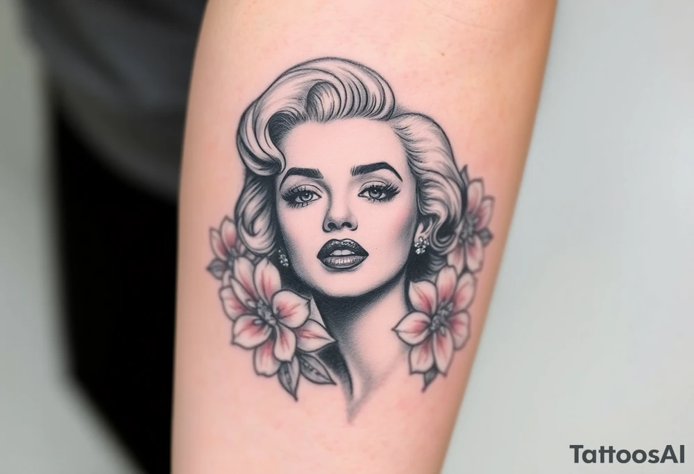 A romantic Marilyn Monroe portrait in soft grayscale, framed by delicate pink peonies and silver filigree. tattoo idea