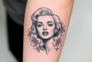 A romantic Marilyn Monroe portrait in soft grayscale, framed by delicate pink peonies and silver filigree. tattoo idea