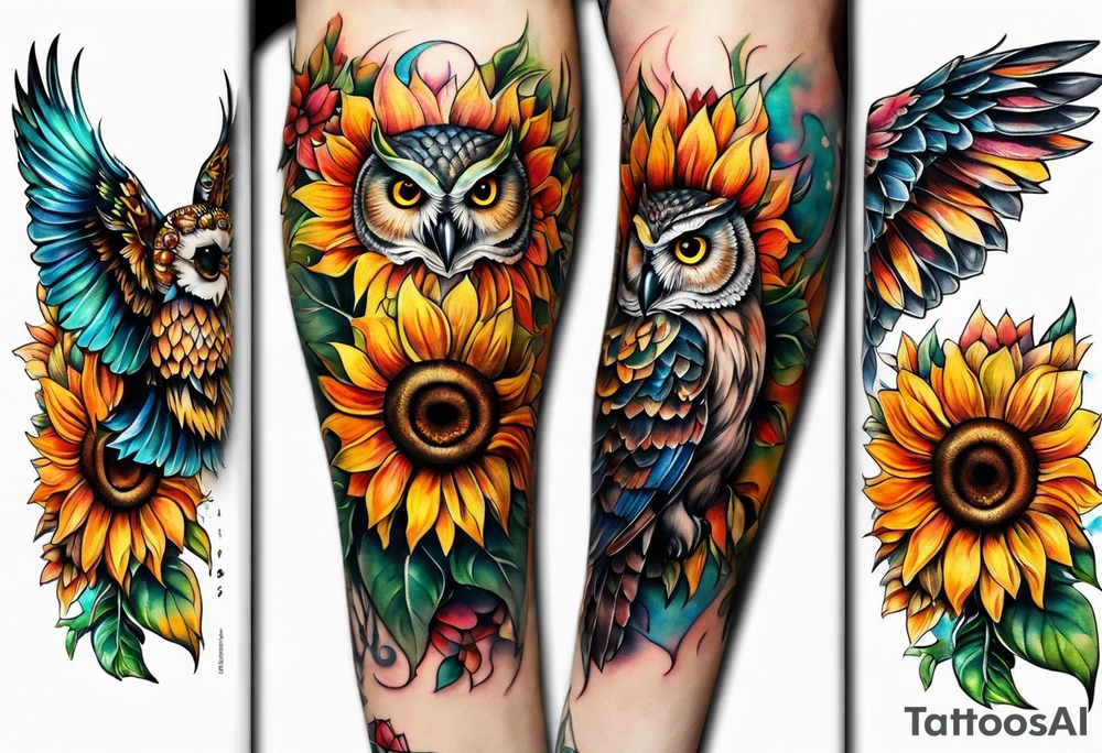 Leg sleeve with colorful sunflowers and an owl tattoo idea