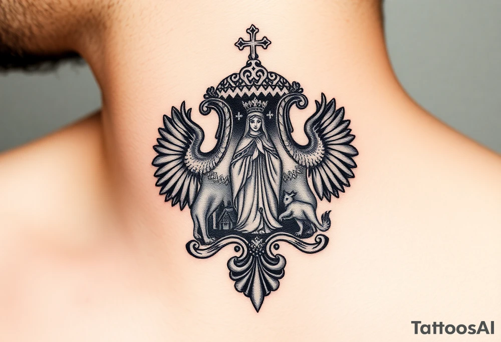 Traditional authentic Russian coat of arms with a Christian orthodox virgin marry in the middle and silhouette in a Russian wilderness Christian orthodoxy village setting tattoo idea