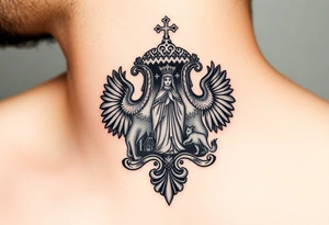 Traditional authentic Russian coat of arms with a Christian orthodox virgin marry in the middle and silhouette in a Russian wilderness Christian orthodoxy village setting tattoo idea