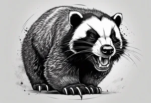 Draw me badger/wolverine with aggressive full body show, killer face with cute smile, very long nails and he attacks like a Turkish gladiator to enemy and also he has very deadly looking tattoo idea